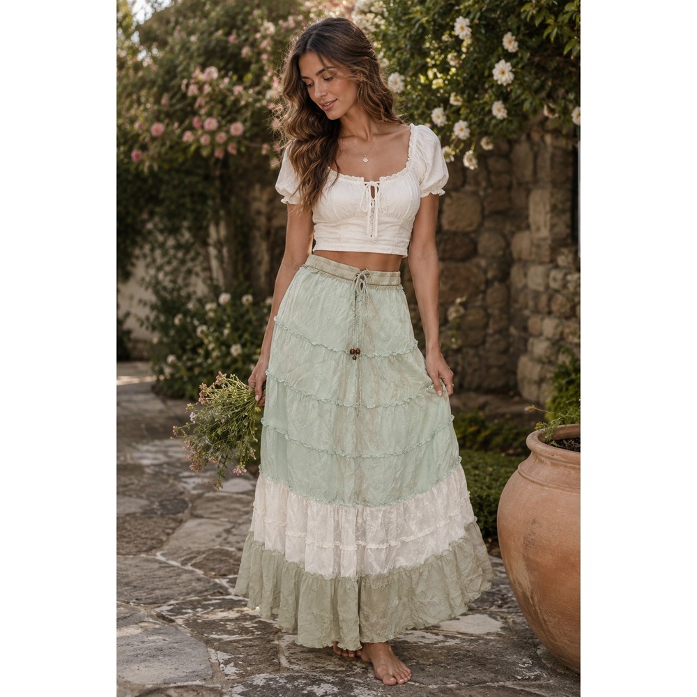 Sage Green Tiered‎ Maxi Skirt Large Drawstring Waist Boho Festival Cottagecore